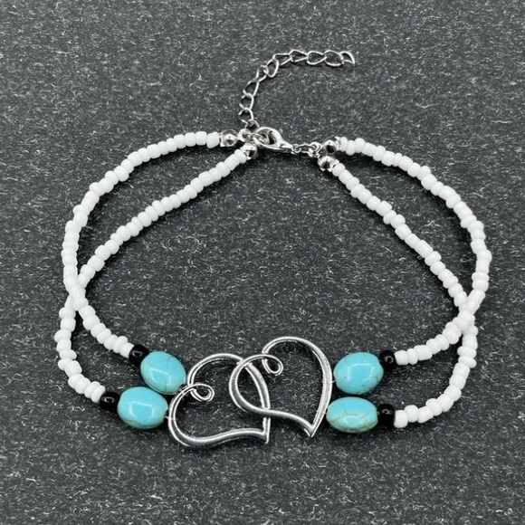 Heart Turquoise White Beaded Silver Toned Anklet - Picture 2 of 2